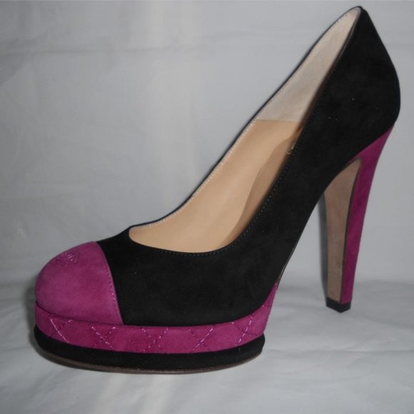 CHANEL 12A Suede Cap Toe Quilted Platform Pumps Heels Shoes Fuchsia Black - Picture 1 of 13